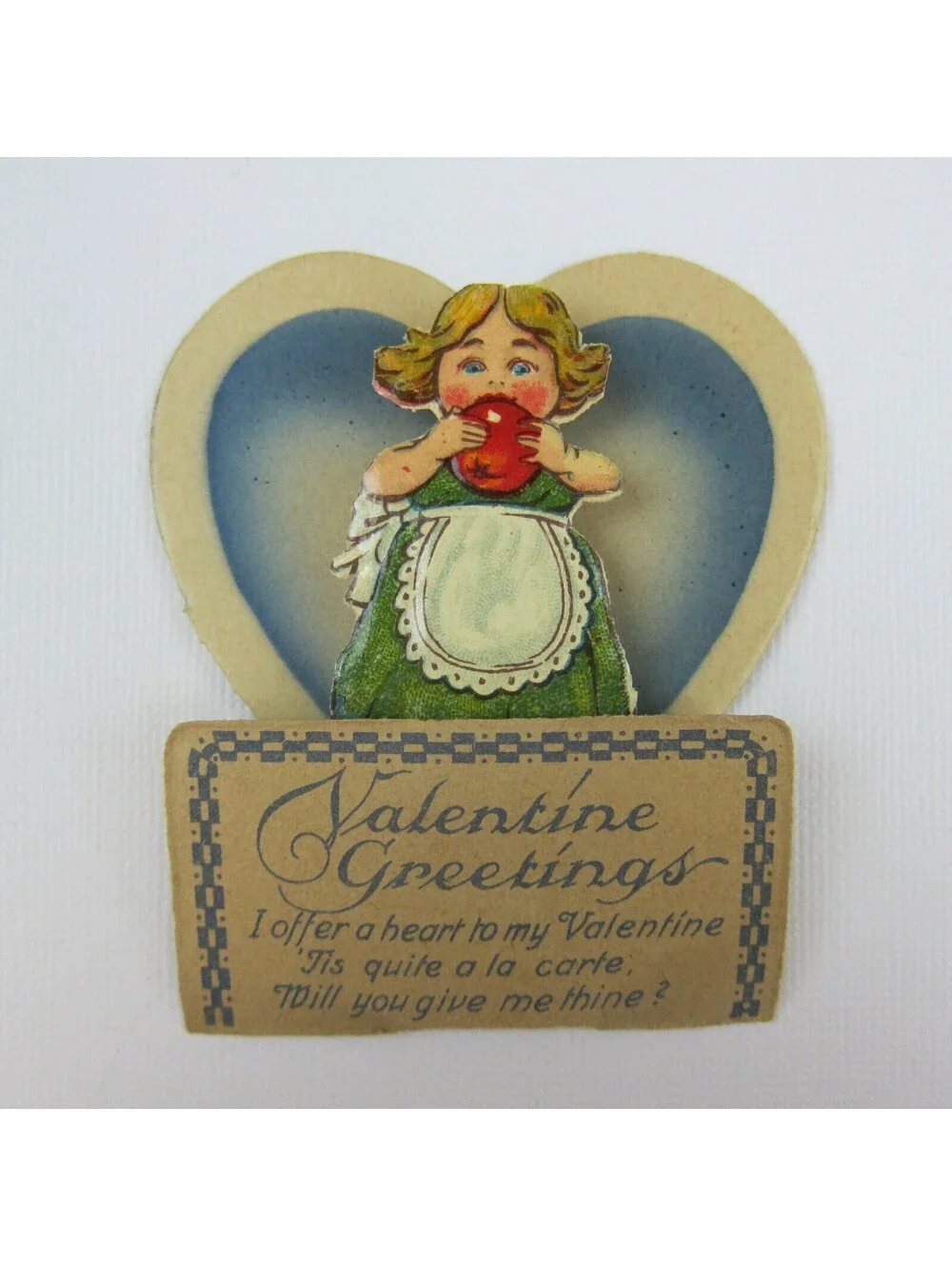 Vintage Valentine 3D Pop Up Die Cut Blonde Girl Green Dress Apron Apple UNSIGNED
